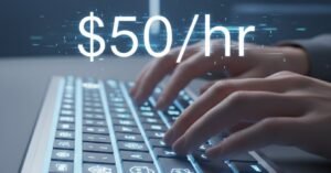 Close-up of hands typing on a keyboard with glowing AI icons and a subtle $50/hr text effect, cool blue and white tones, futuristic but clean style.